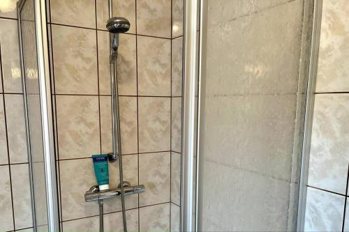 a shower with a toothbrush in a shower stall at Mein Nordlicht in Südbrookmerland