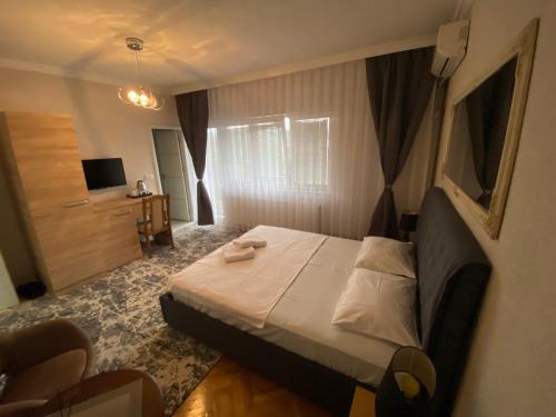 プリシュティナにあるApartment Perlaの小さなベッドルーム(ベッド1台、テレビ付)