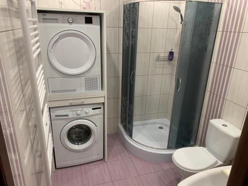 a bathroom with a washing machine and a toilet at Mikołajki in Mikołajki