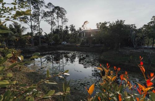 a house with a pond in front of it at เป่าฟู่เฮ้าส์ Bao Fu's House in Chumphon