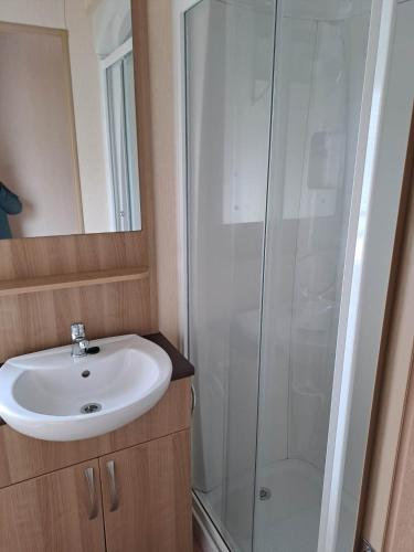 a bathroom with a white sink and a shower at Sunblast- Dawlish Warren in Cockwood