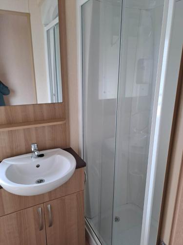 a bathroom with a white sink and a shower at Sunblast in Cockwood