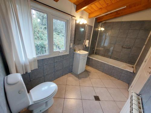 y baño con aseo, lavabo y ducha. en Cabaña Los Amancays en Villa La Angostura
