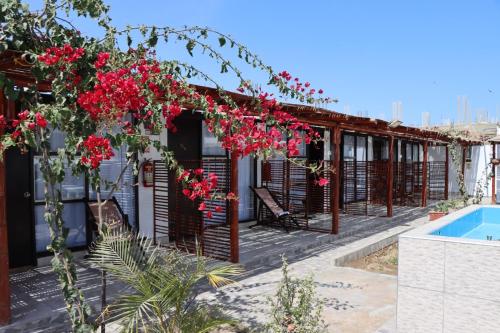 a house with a swimming pool and red flowers at HOTEL LUCERO PARACAS in Paracas