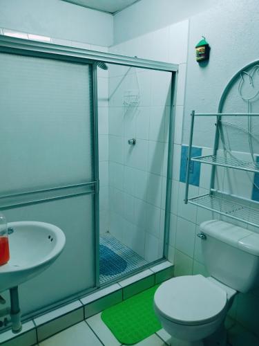 a bathroom with a shower and a toilet and a sink at Hostal Leyendas in León