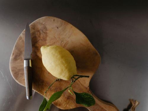 a cutting board with a knife and a piece of food at Chalet in Montafon with Private Sauna & Views in Vandans