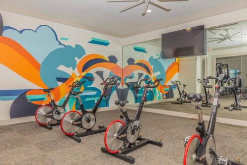 un gimnasio con bicicletas estáticas en una sala con un mural en Beautiful spacious apartment !, en Webster