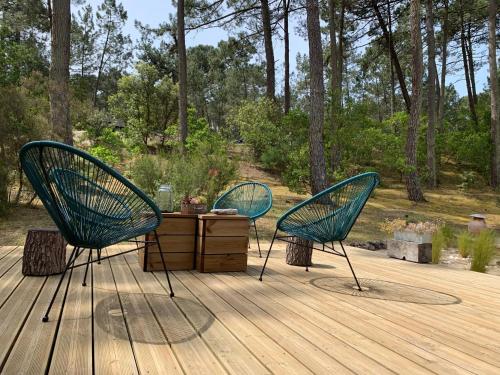 two chairs and a table on a wooden deck at Detached holiday home with private garden in Carcans