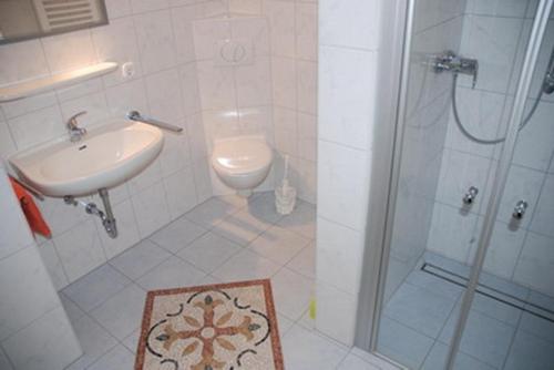 W łazience znajduje się prysznic, umywalka i toaleta. w obiekcie Ferienwohnung "Fürstenhof" w mieście Bad Harzburg