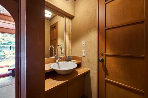 a bathroom with a sink and a mirror at Shima-Onsen Toshimaya in Nakanojo