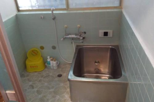 a sink in a small bathroom with a shower at ちびっこ・わんこ・リゾート　Ｓａｒａｒｉ　（里楽里） in Tabuchi