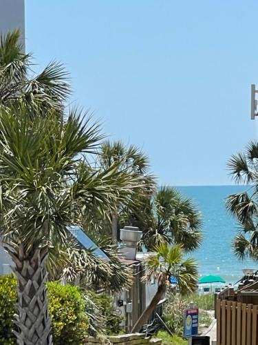 a palm tree with the ocean in the background at Elegant Coastal Getaway Spacious 3BR Chelsea House in Myrtle Beach