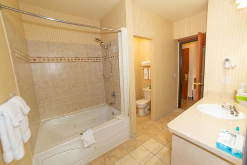 La salle de bains est pourvue d'une douche, d'une baignoire et d'un lavabo. dans l'établissement Clatskanie River Inn, à Clatskanie