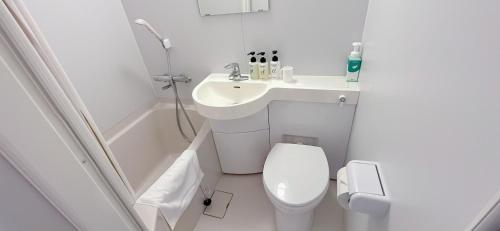 un piccolo bagno con servizi igienici e lavandino di World Business Hotel a Iida