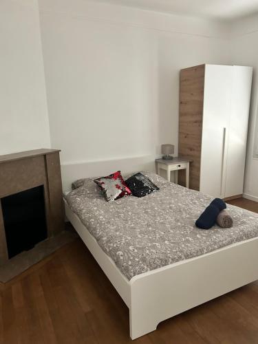 een slaapkamer met een bed en een open haard bij F3 50m2 centre ville Massy in Massy