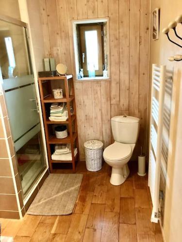 une salle de bain avec toilettes et douche en verre dans l'établissement « Le Vieux Hangar » gîte à la ferme, à Truffe