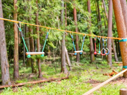 a group of hanging clotheslines in a forest at HOSHIFULL DOME FUJI in Fujikawaguchiko
