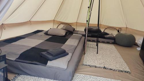 een slaapkamer met een bed in een tent bij Glamping-Dimbo in Krynica Zdrój