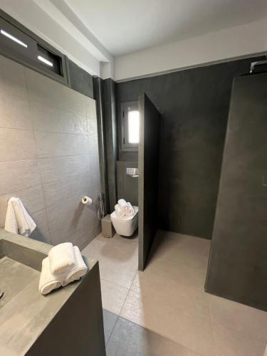 a bathroom with a toilet and a black wall at Koroni Luxury Maisonette in Koroni