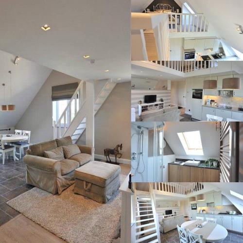 a kitchen and a living room with a couch and a staircase at Villa71 in Rijkevorsel