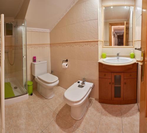 a bathroom with a toilet and a sink and a shower at El Mirador in Paralacuesta