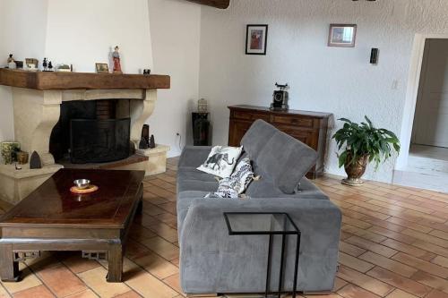 a living room with a couch and a fireplace at La Jas, demeure climatisée au charme gardois. in Nages-et-Solorgues