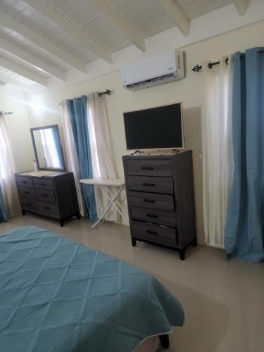 a bedroom with a tv and a dresser with a bed at Stonebrook Villa in Falmouth
