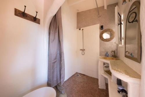 une salle de bain avec un lavabo, des toilettes et un miroir dans l'établissement Belle maison atypique avec piscine chauffée, à La Colle-sur-Loup