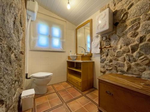 baño con aseo y pared de piedra en Casa Rural Aradiña, en Covelo