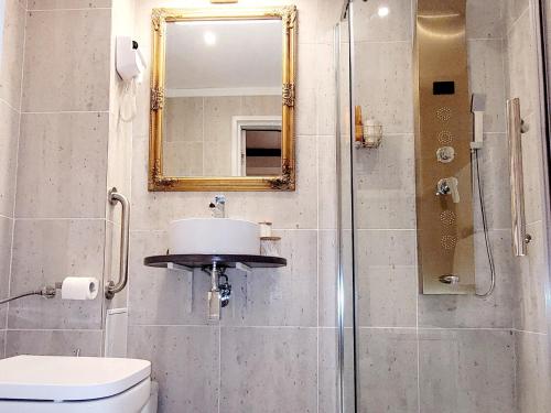 a bathroom with a toilet and a shower with a mirror at Carpathia Magic -adults only in Peştera