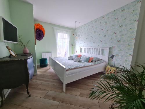 a bedroom with a bed and a tv in it at Apartament Sun House 60 z prywatną SAUNĄ KOMINKIEM i widokiem na SKRZYCZNE in Szczyrk