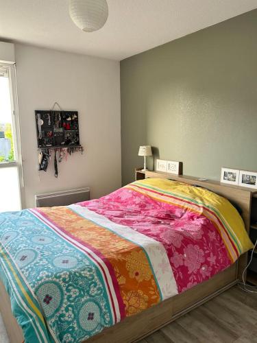 - une chambre avec un lit et une couverture colorée dans l'établissement Appartement une chambre proche centre ville et transports, au Mans