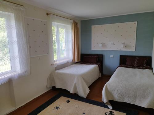 Habitación con 2 camas y 2 ventanas. en Country House Uliana, en Tskaltubo