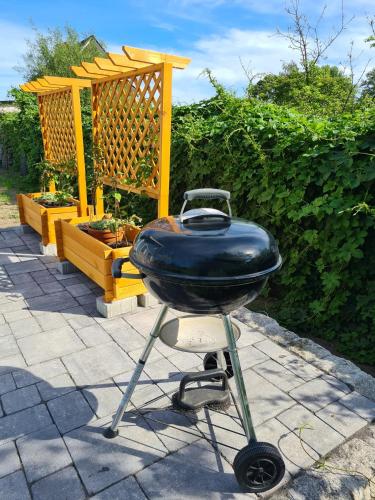 a charcoal grill on a stand on a patio at Ferienhuette in Altfriesack