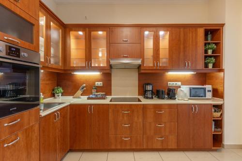a large kitchen with wooden cabinets and appliances at GDE Károly Apartmant in Budapest