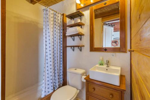 bagno con servizi igienici, lavandino e specchio di Casa caribe en finca santa Ana a Torre-Pacheco