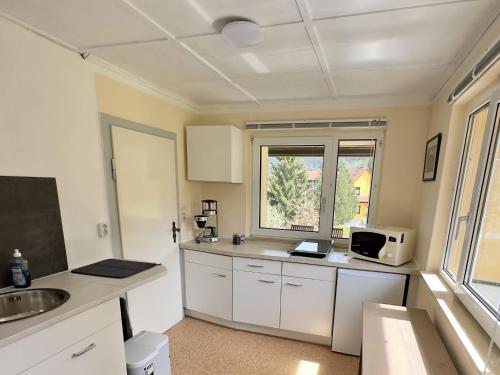 a kitchen with white cabinets and a sink and a microwave at Vacation Rental Cottage, Oybin in Hain