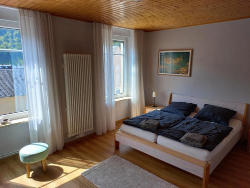 ein Schlafzimmer mit einem Bett und zwei Fenstern in der Unterkunft Ferien im Winzerhaus in Traben-Trarbach