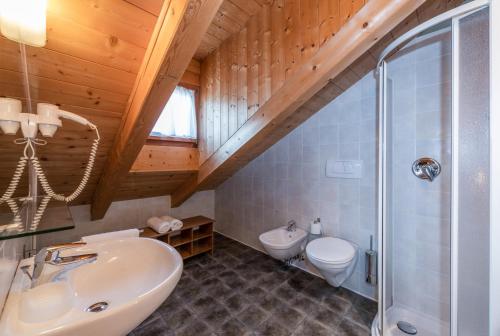 a bathroom with a sink and a toilet at Enzianhütte in San Giuseppe in Anterselva