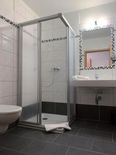a bathroom with a shower and a toilet and a sink at Hotel Restaurant Steinhägerquelle in Steinhagen