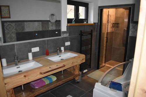 a bathroom with a large sink and a shower at Ferienhaus AlpenBlick in Schöfweg