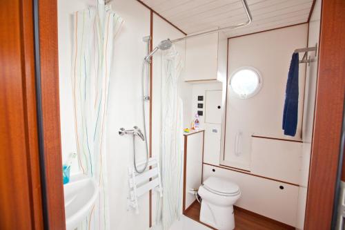 a small bathroom with a toilet and a sink at KUHNLE-TOURS Kabinen in Rechlin