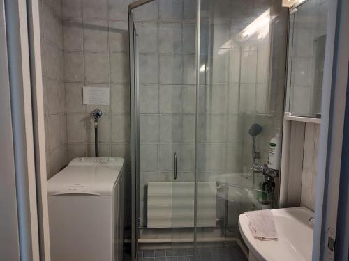 ein Bad mit einer Dusche, einem WC und einem Waschbecken in der Unterkunft Cozy Nest, apartement in the center of Rovaniemi in Rovaniemi