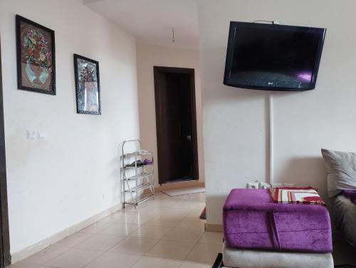 a living room with a purple couch and a flat screen tv at caprice appartement in Ifrane