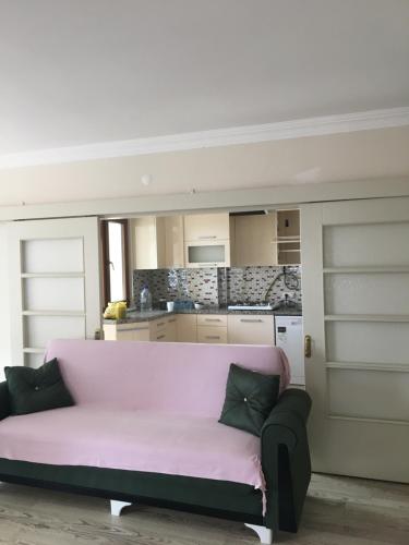 a pink couch in a room with a kitchen at Ecrin hause in Hosmaşalos