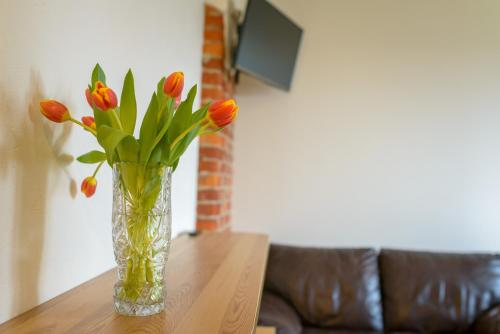 a vase of orange tulips sitting on a table at Klaipeda Hostel in Klaipėda