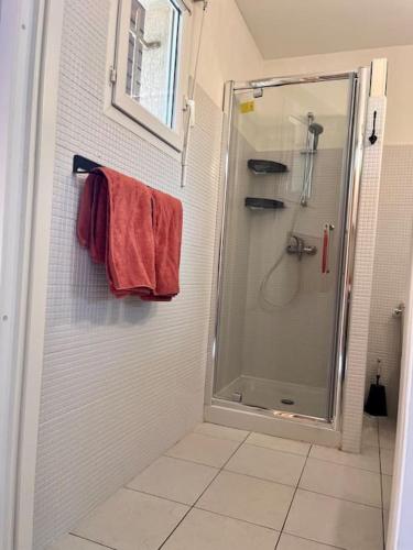 La salle de bains est pourvue d'une cabine de douche en verre. dans l'établissement Joli studio tout confort proche toutes commodités dans residence calme, à LʼÎle-Rousse