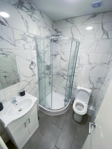 a bathroom with a shower and a toilet and a sink at Stylish 1 Bedroom Flat in wood Green in London