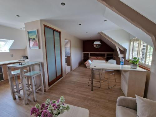 un salon avec une cuisine et une salle à manger dans l'établissement Gite -l'Appart- au Vignoble Domaine Lamballe, Baden, Golfe du Morbihan, à Baden