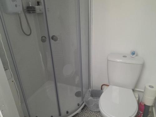 a bathroom with a toilet and a glass shower at One bed stunning apartment with parking right outside, close to Burton town centre in Burton upon Trent